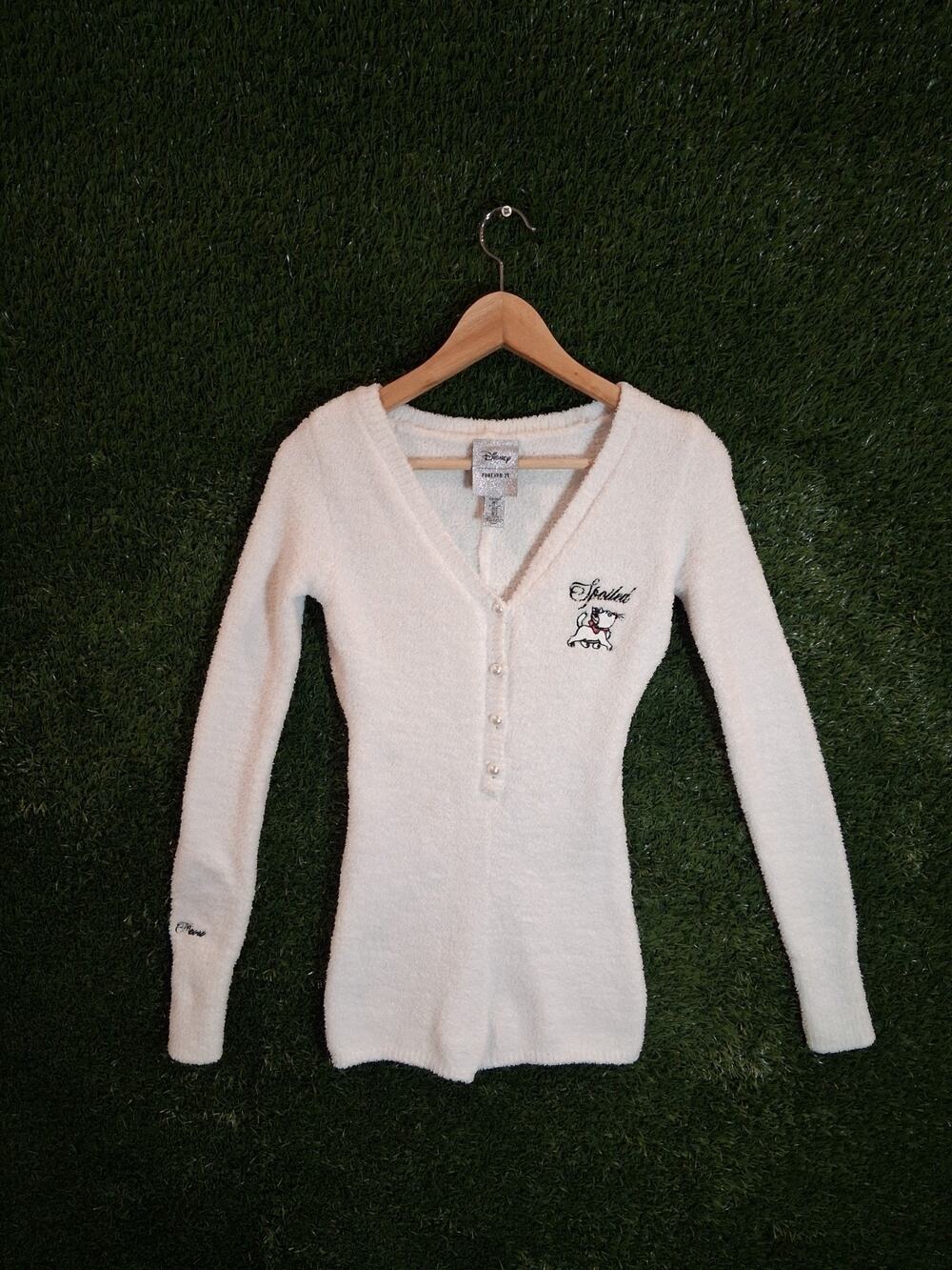 Disney x Forever 21 The Aristocats Marie "Spoiled" Fuzzy Knit Romper Bodysuit...